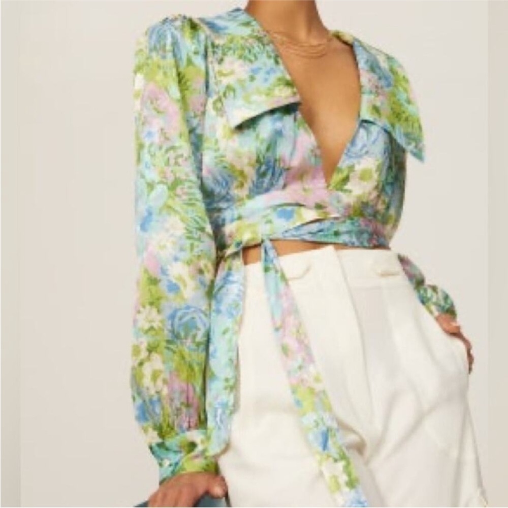 Ronny Kobo- Green and Purple Floral Demna Longsleeve Tie Cropped Top - Picture 2 of 5